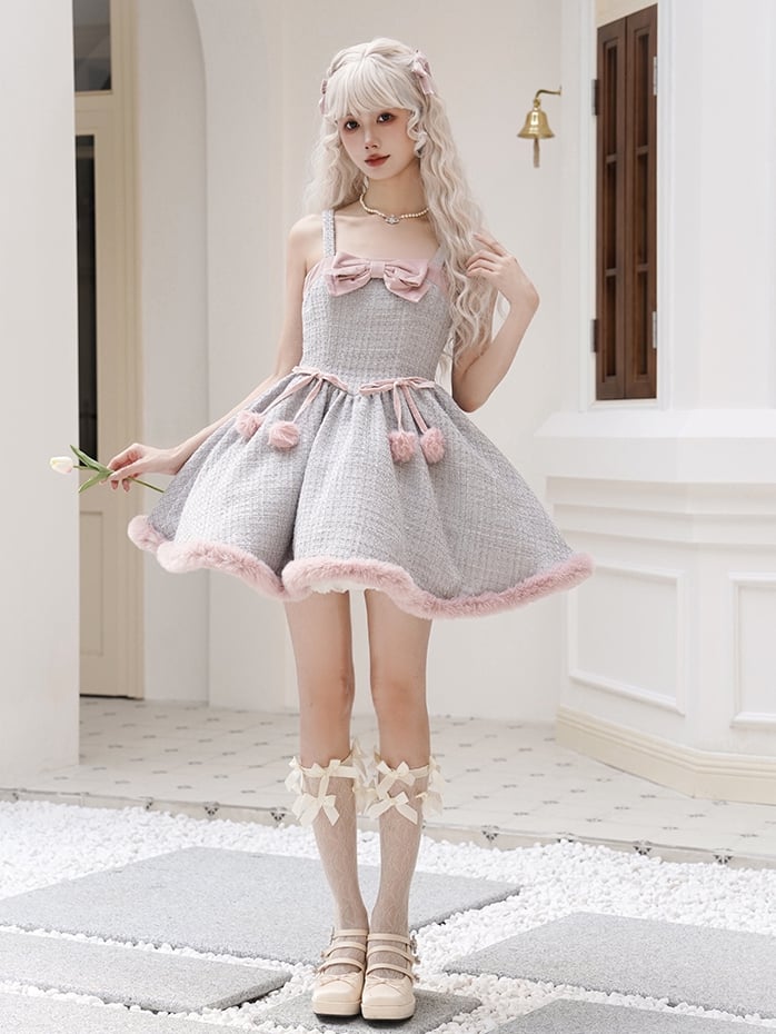 Gray and Pink Plush Hemline Pompoms Waist Tweed Jumper Skirt - Sukuroi