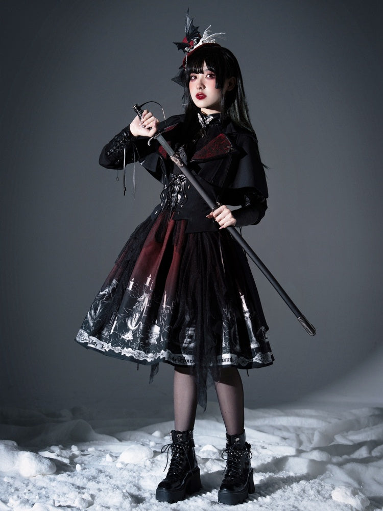 Dragon's Breath Black and Red Dragon and Candle Print Gothic Skirt with Straps - Sukuroi