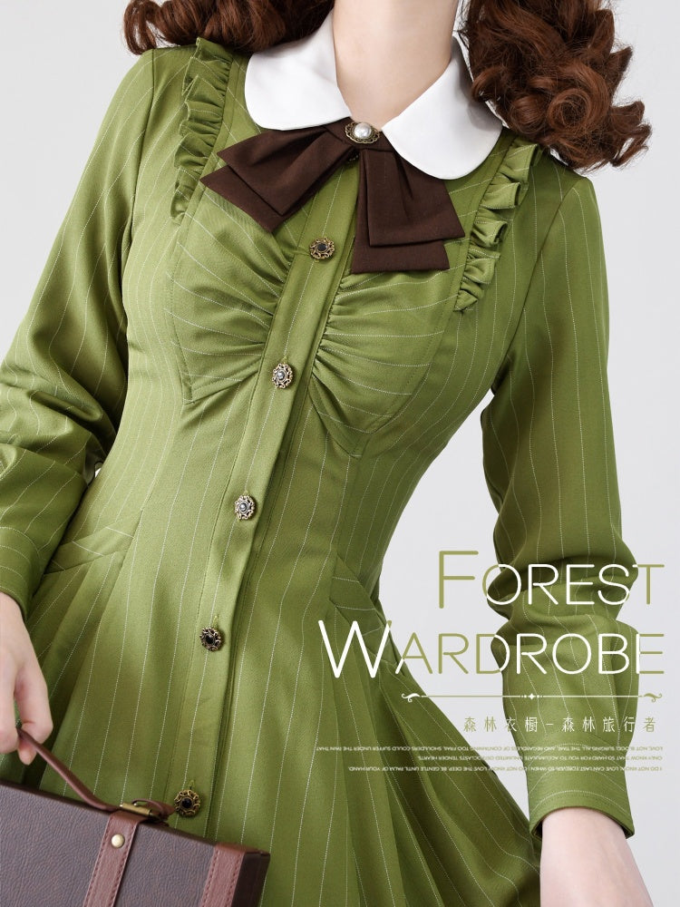 Forest Traveler Color Green Striped Pattern Peter Pan Collar Long Sleeves One Piece