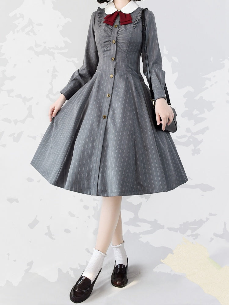 Forest Traveler Color Gray Striped Pattern Peter Pan Collar Long Sleeves Lolita OP