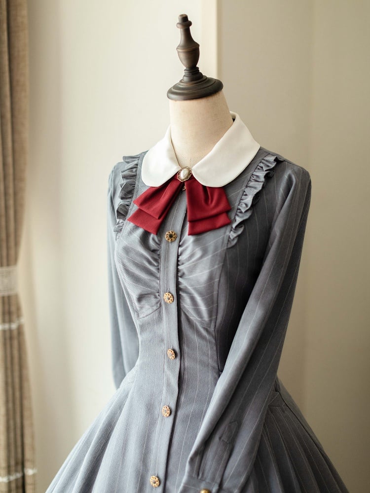 Forest Traveler Color Gray Striped Pattern Peter Pan Collar Long Sleeves Lolita OP