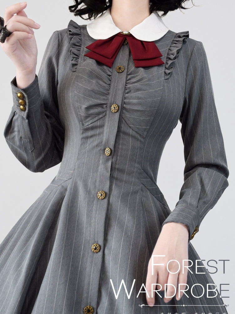 Forest Traveler Color Gray Striped Pattern Peter Pan Collar Long Sleeves Lolita OP