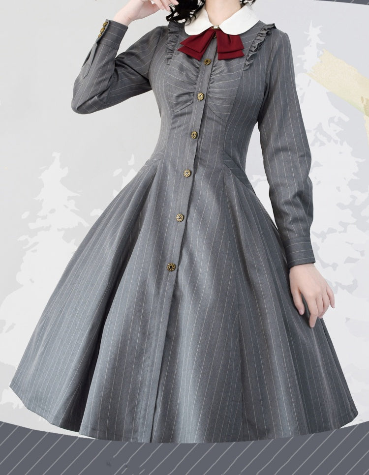 Forest Traveler Color Gray Striped Pattern Peter Pan Collar Long Sleeves Lolita OP