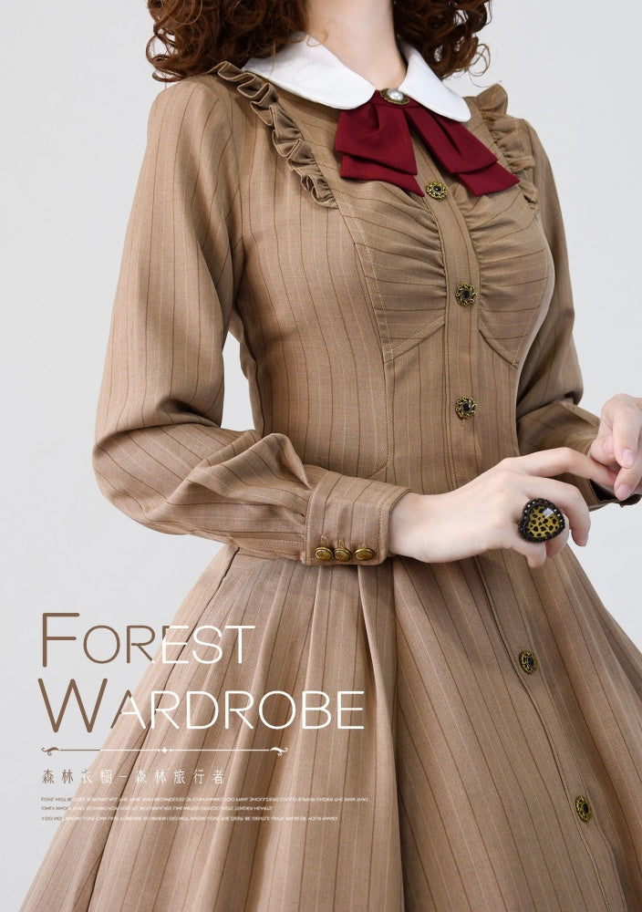 Forest Traveler Brown One Piece Striped Pattern Peter Pan Collar