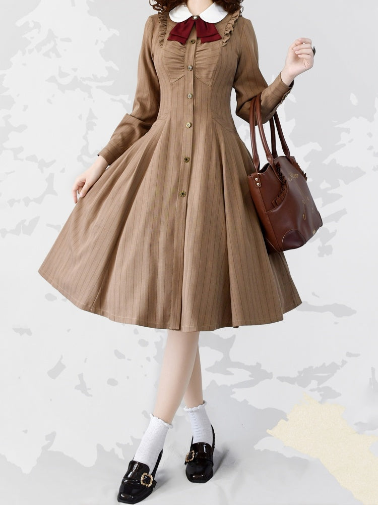 Forest Traveler Brown One Piece Striped Pattern Peter Pan Collar