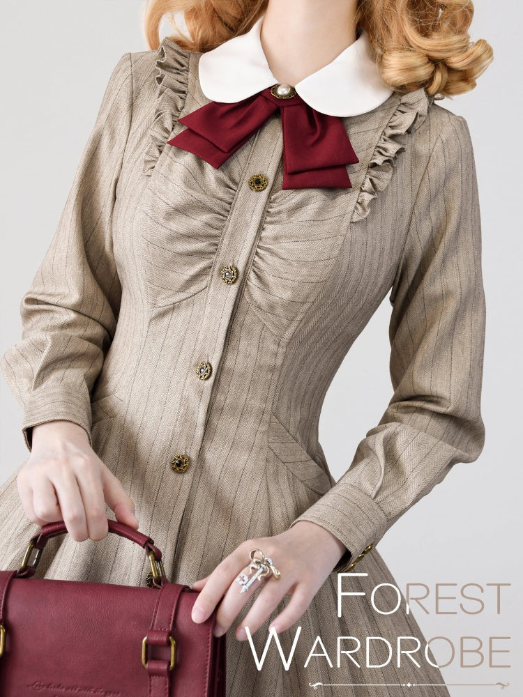 Forest Traveler Color Light Khaki Striped Pattern Peter Pan Collar Long Sleeves Lolita OP