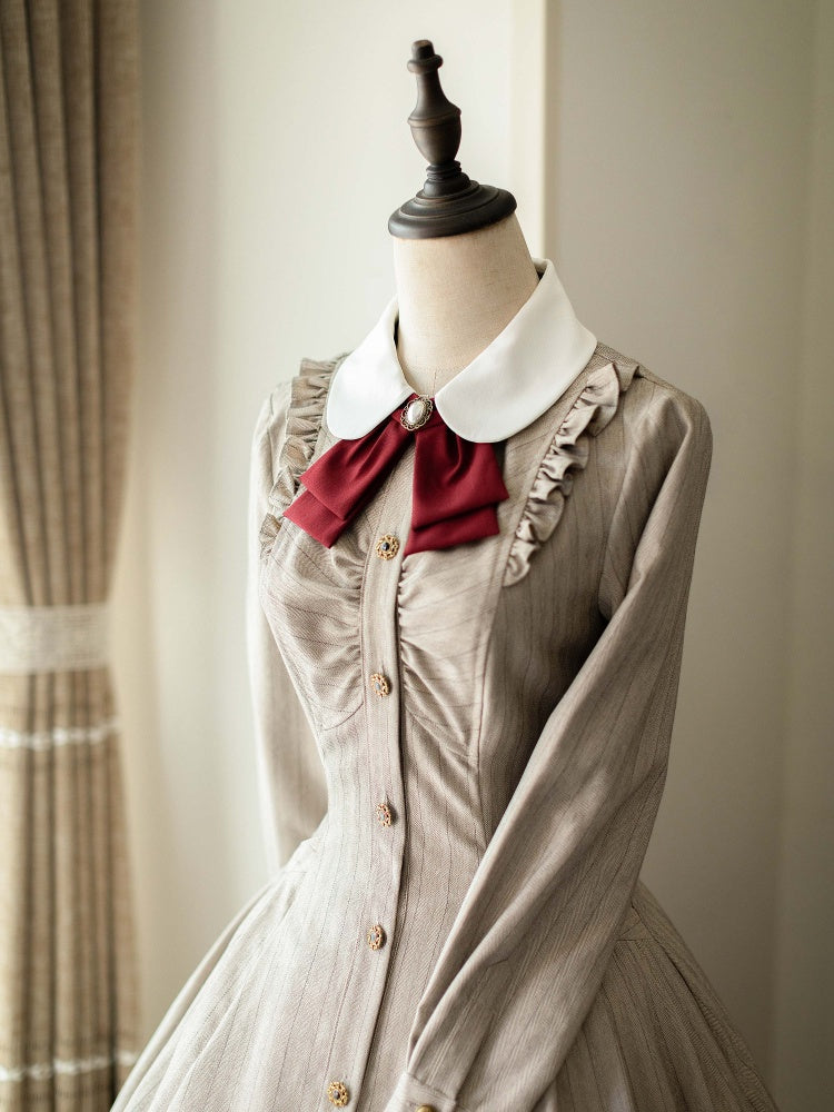 Forest Traveler Color Light Khaki Striped Pattern Peter Pan Collar Long Sleeves Lolita OP