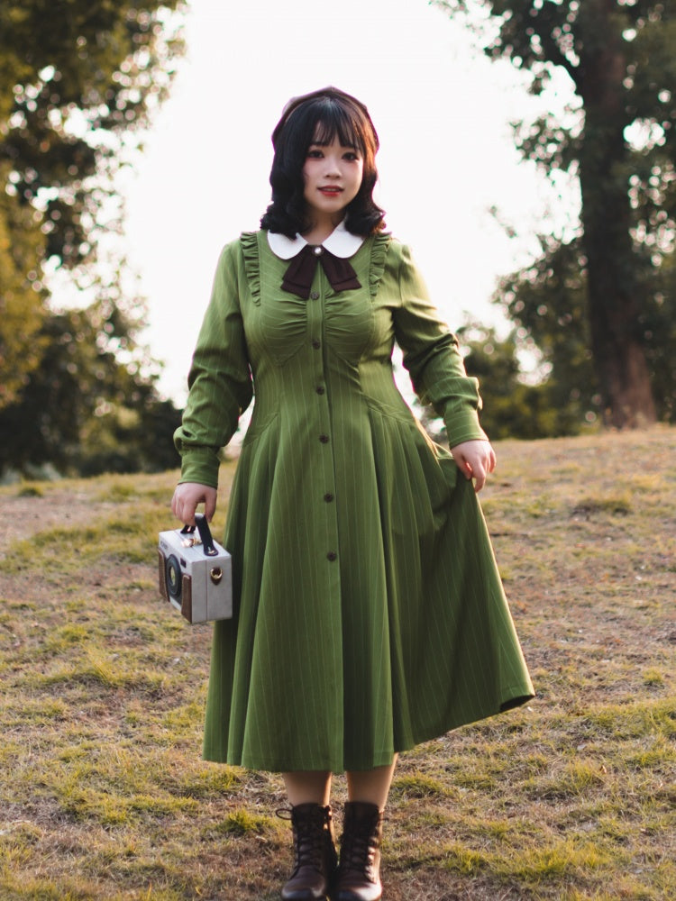 Forest Traveler Color Green Striped Pattern Peter Pan Collar Long Sleeves One Piece