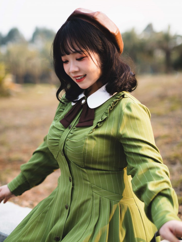 Forest Traveler Color Green Striped Pattern Peter Pan Collar Long Sleeves One Piece