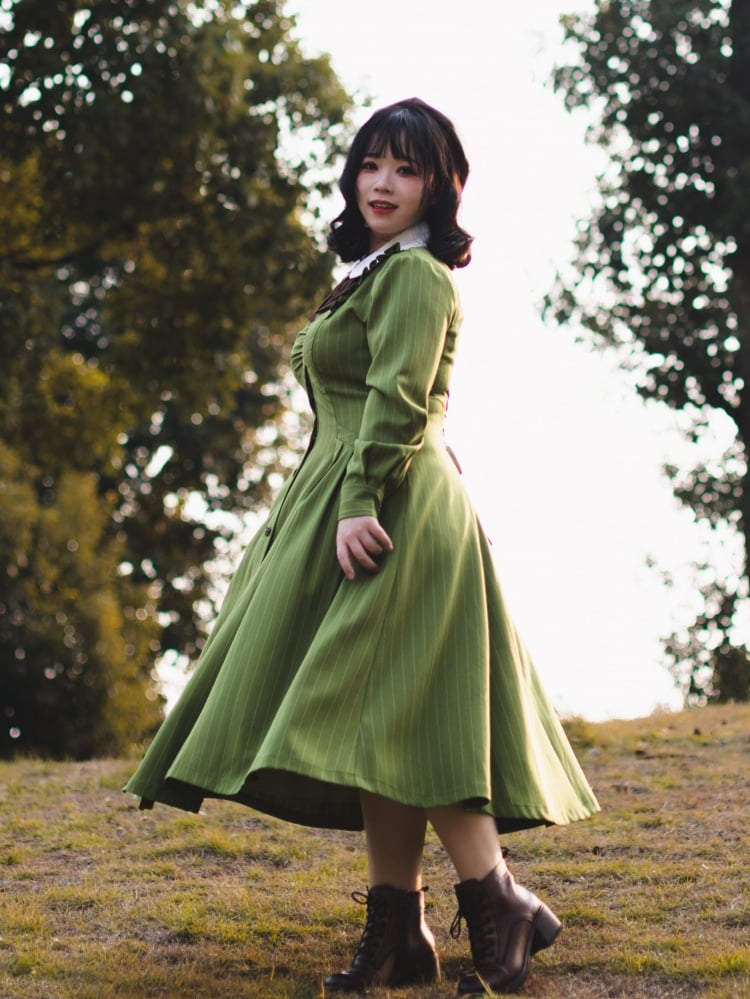 Forest Traveler Color Green Striped Pattern Peter Pan Collar Long Sleeves One Piece