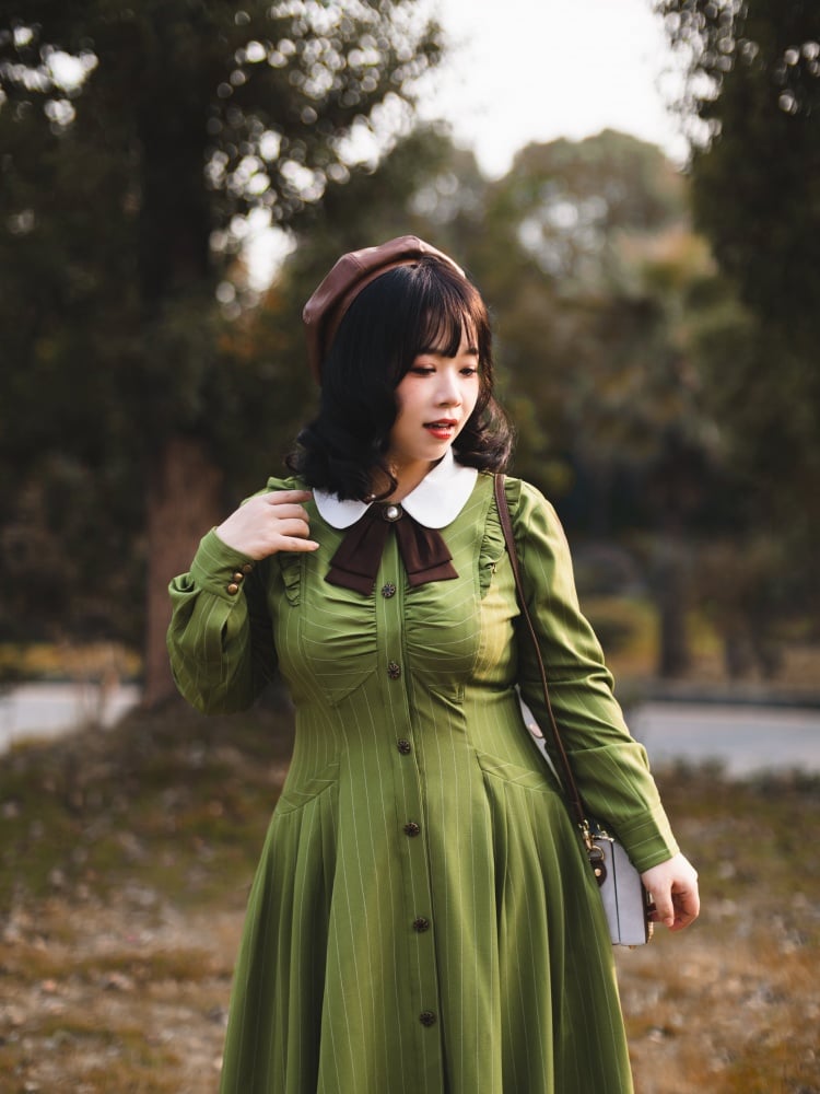 Forest Traveler Color Green Striped Pattern Peter Pan Collar Long Sleeves One Piece