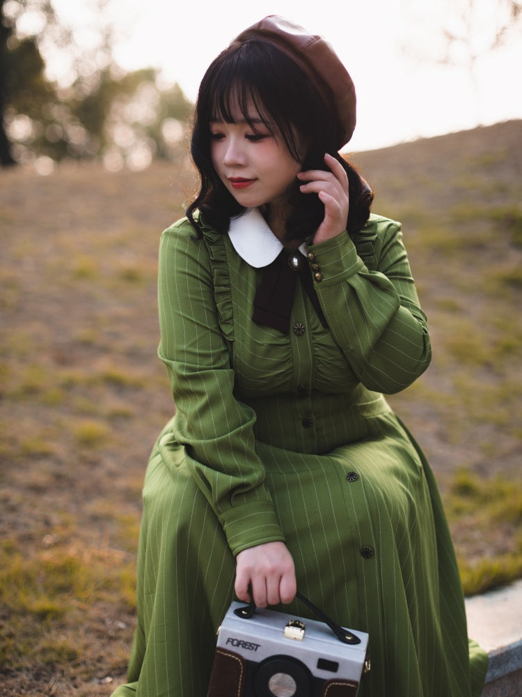 Forest Traveler Color Green Striped Pattern Peter Pan Collar Long Sleeves One Piece