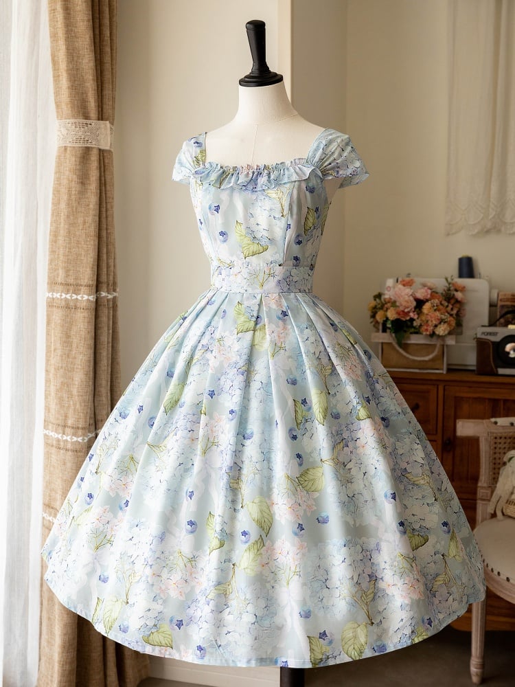 Blueberry and Floral Print Blue Jumper Skirt Spring Summer Dress