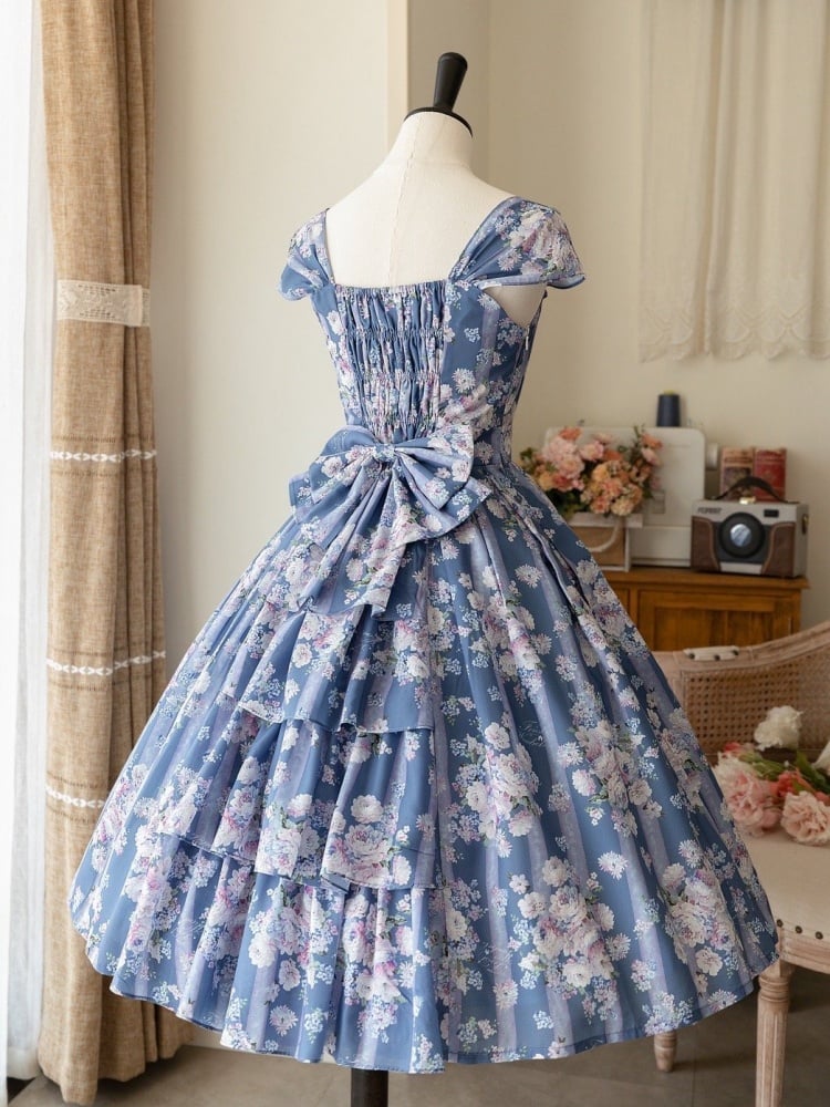 Blue Floral Dress Elegant High Waist Jumper Skirt