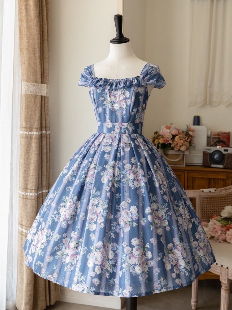 Blue Floral Dress Elegant High Waist Jumper Skirt