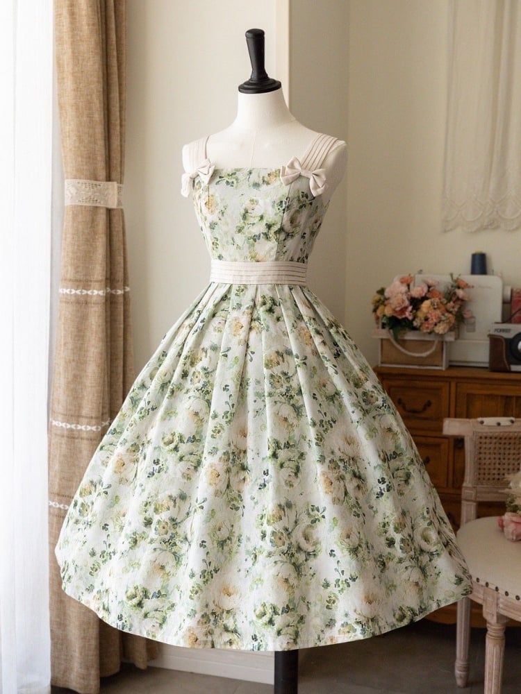 Green Floral Dress High Waist Jumper Skirt