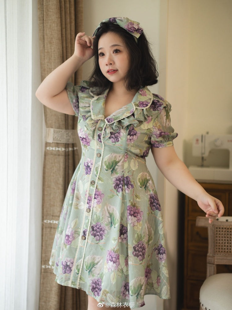 Forest Grapes-Graped Print Peter Pan Collar Short Sleeves One Piece