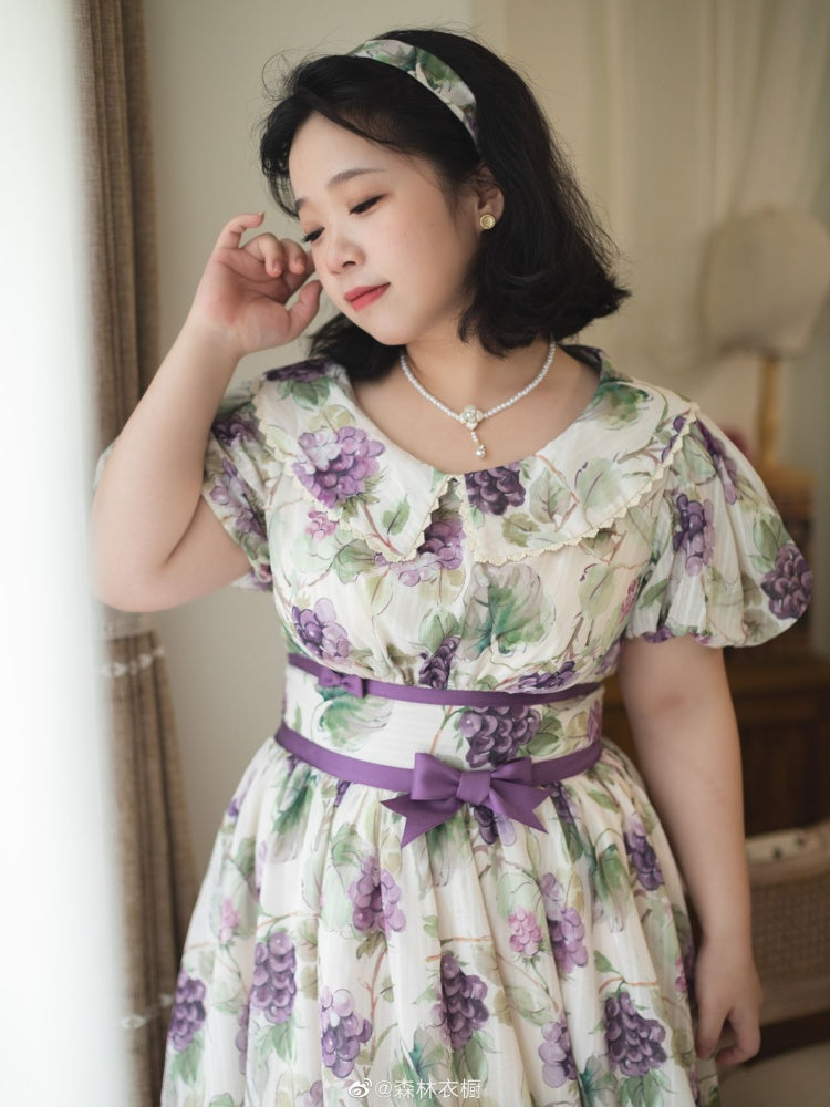 Forest Grapes-Graped Print Peter Pan Collar Short Sleeves One Piece