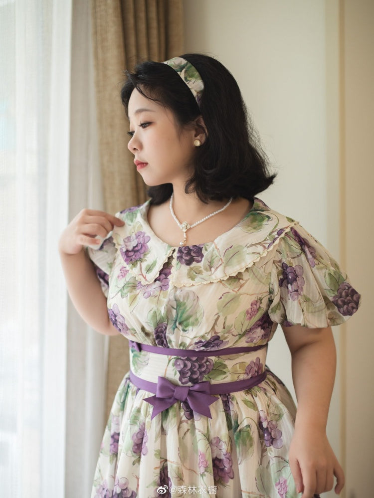 Forest Grapes-Graped Print Peter Pan Collar Short Sleeves One Piece