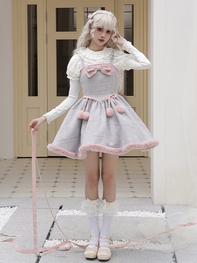 Gray and Pink Plush Hemline Pompoms Waist Tweed Jumper Skirt - Sukuroi