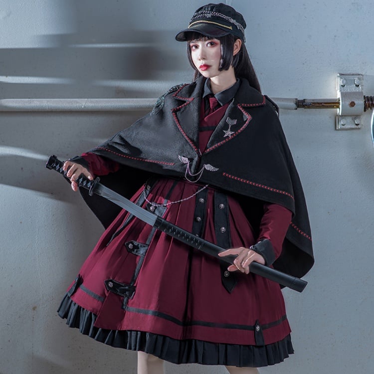 Military Style Outfits-Wine Red One Piece / Black Shirt / Black Cape