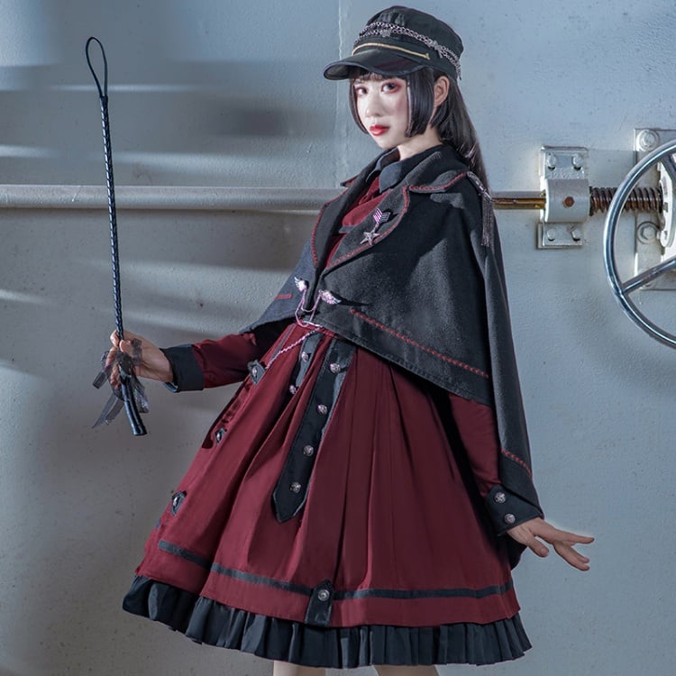 Military Style Outfits-Wine Red One Piece / Black Shirt / Black Cape