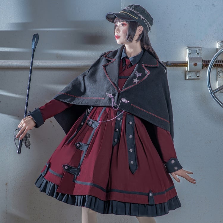 Military Style Outfits-Wine Red One Piece / Black Shirt / Black Cape