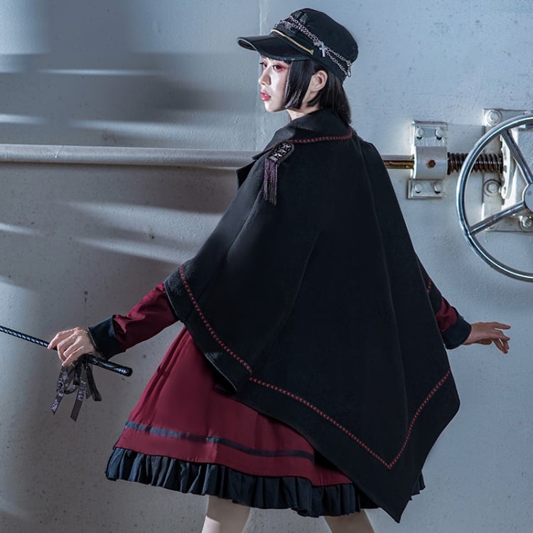Military Style Outfits-Wine Red One Piece / Black Shirt / Black Cape