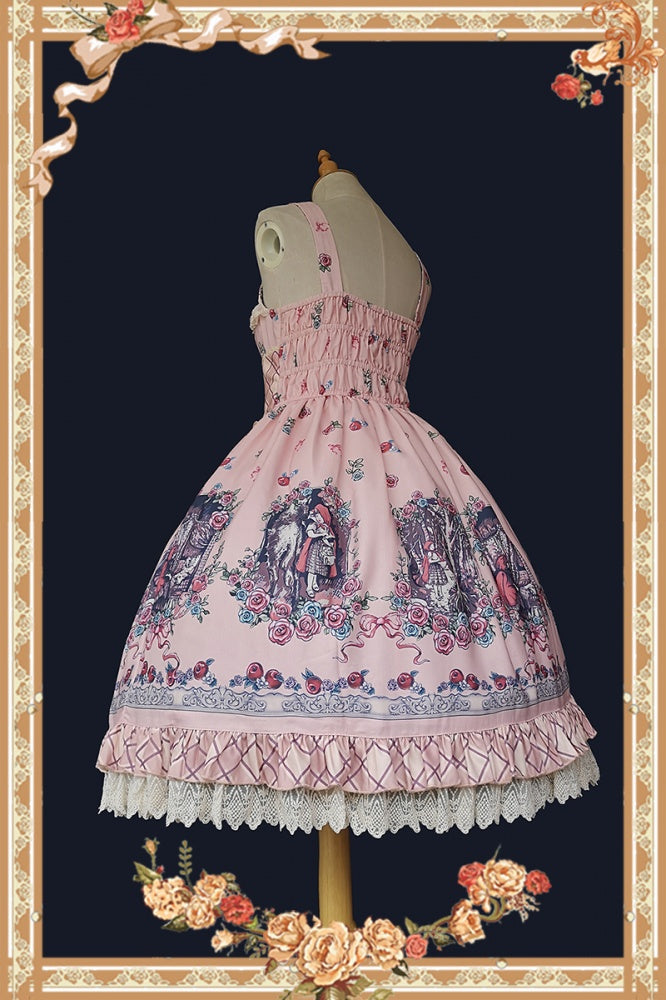Back view of pink Little Red Riding Hood jumper skirt with illustrated fairytale print