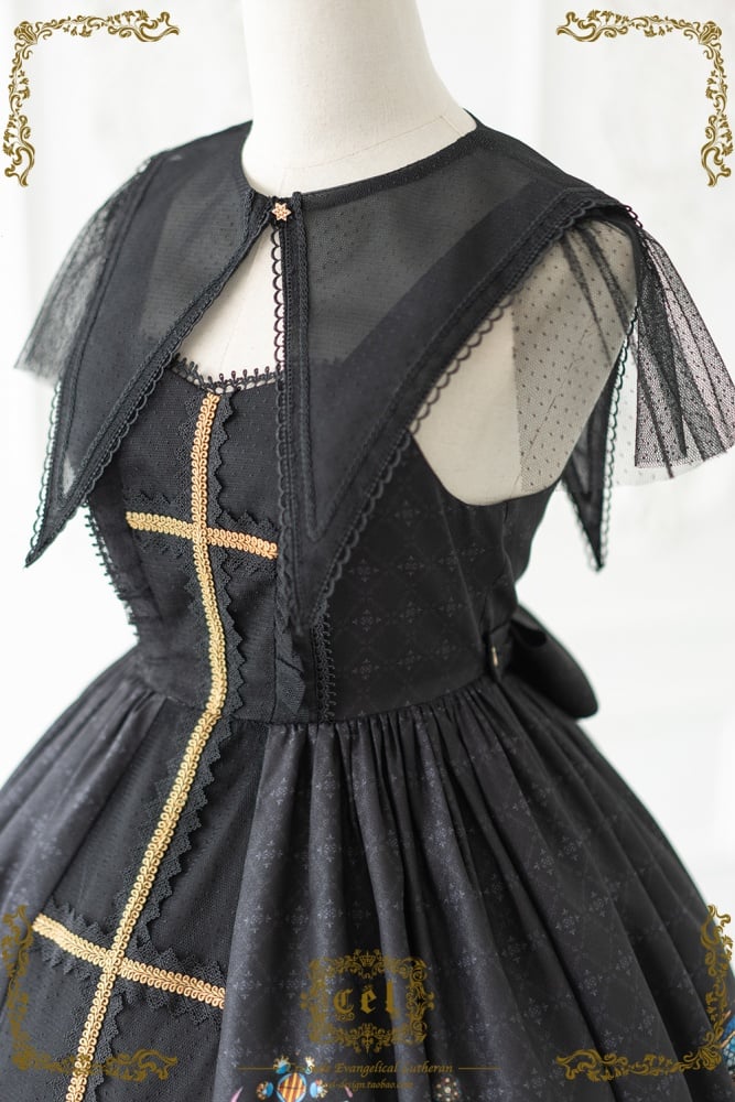 Detail of black gothic dress with sheer lace collar