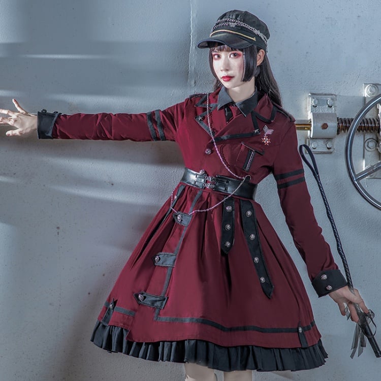 Military Style Outfits-Wine Red One Piece / Black Shirt / Black Cape