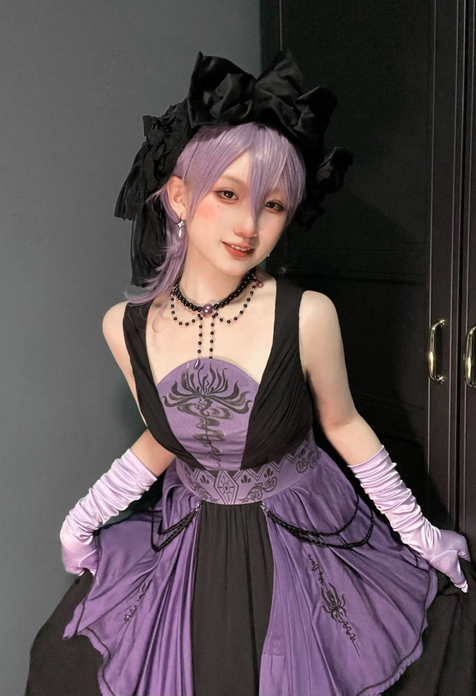 Floral Print Halloween Jumper Skirt Gothic Dress Handkerchief Hem Purple and Black