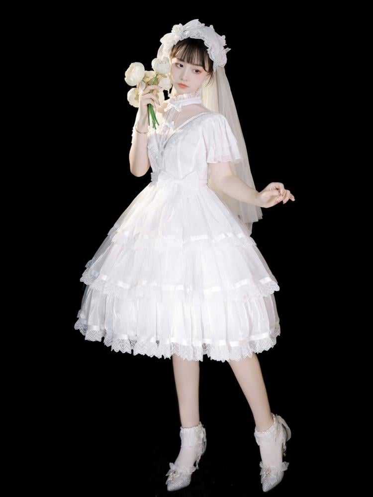 Dawn Night Banquet White Illusion Neckline Flounce Sleeves Tiered Skirt and Ruffle Trim Short Sleeves Lolita OP