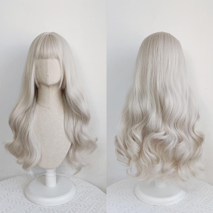 Beige and White Long Wavy Synthetic Wig