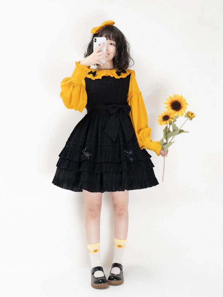 Girl Nelly Black Tiered Ruffle Hem Round Neck High Waist JSK