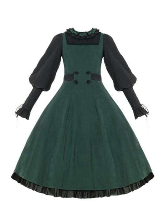 Dark Academia Fashion Slytherin Green and Black Leg-of-Mutton Sleeves One Piece