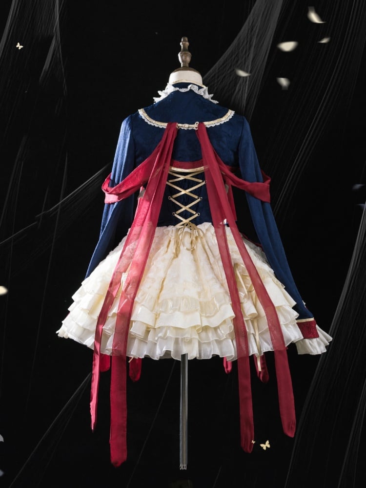 Dark Blue and Red Drawstring Tiered Ruffles Jumper Skirt Set