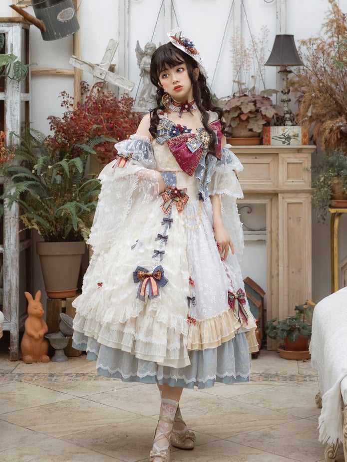 Fairy Tale Books Bowknot Details Floral Pattern Ruffle Hem Lolita OP