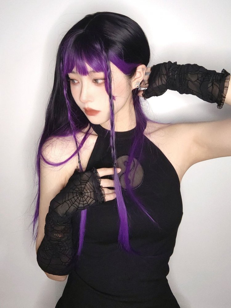 Black and Purple Ombre Hair Color Long Straight Synthetic Wig Halloween Witch Wig