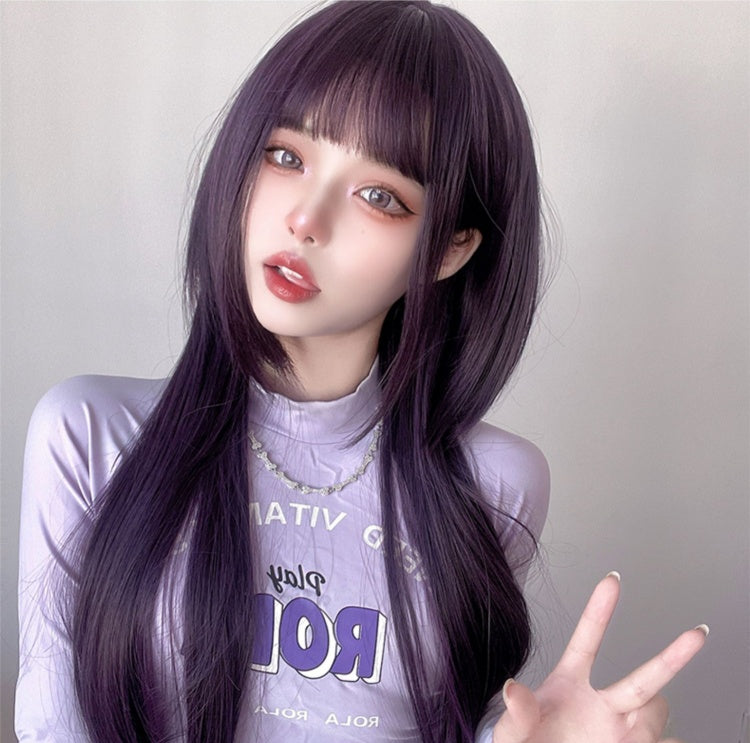 Purple Long Straight Synthetic Wig with Full Bangs