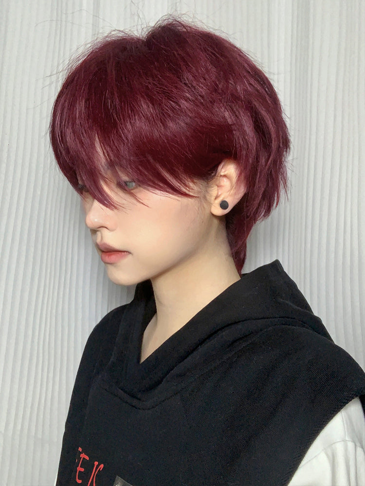 Burgundy Red Short Straight Boy Style Wig