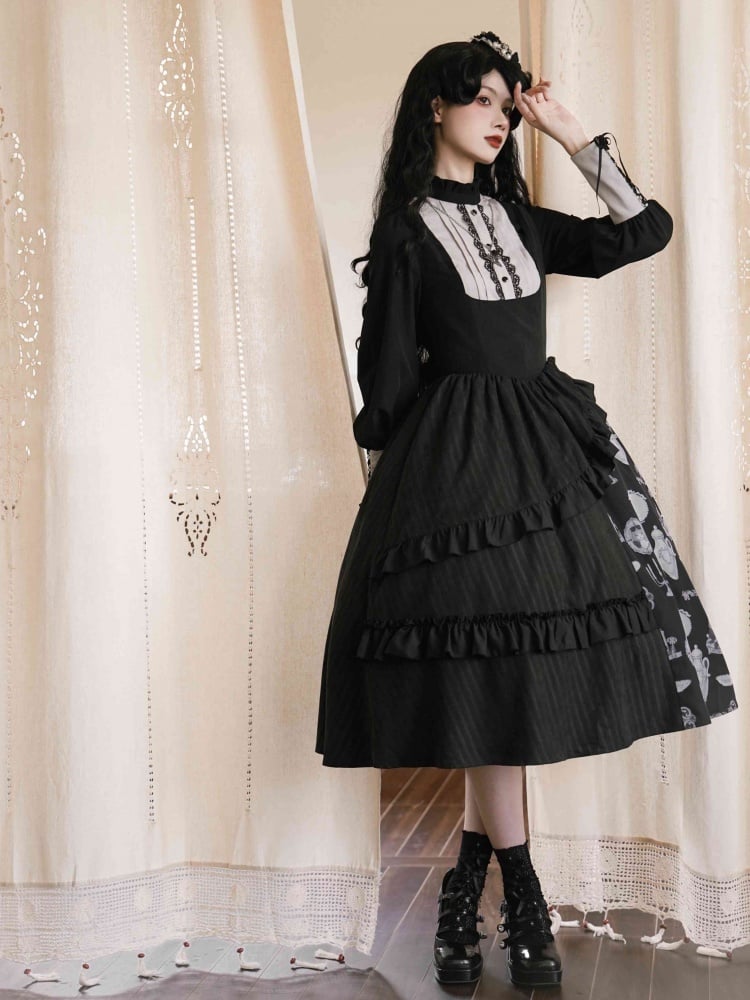 Candlestick and Teapot Print Black Under Bust Jumper Skirt