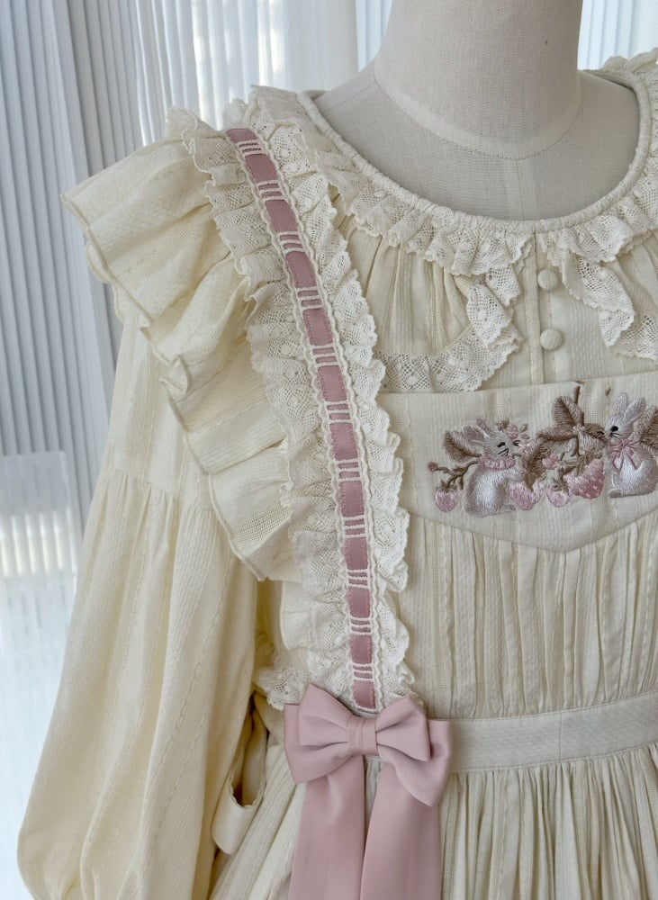 Creamy Rabbit and Strawberry Embroidery Overdress