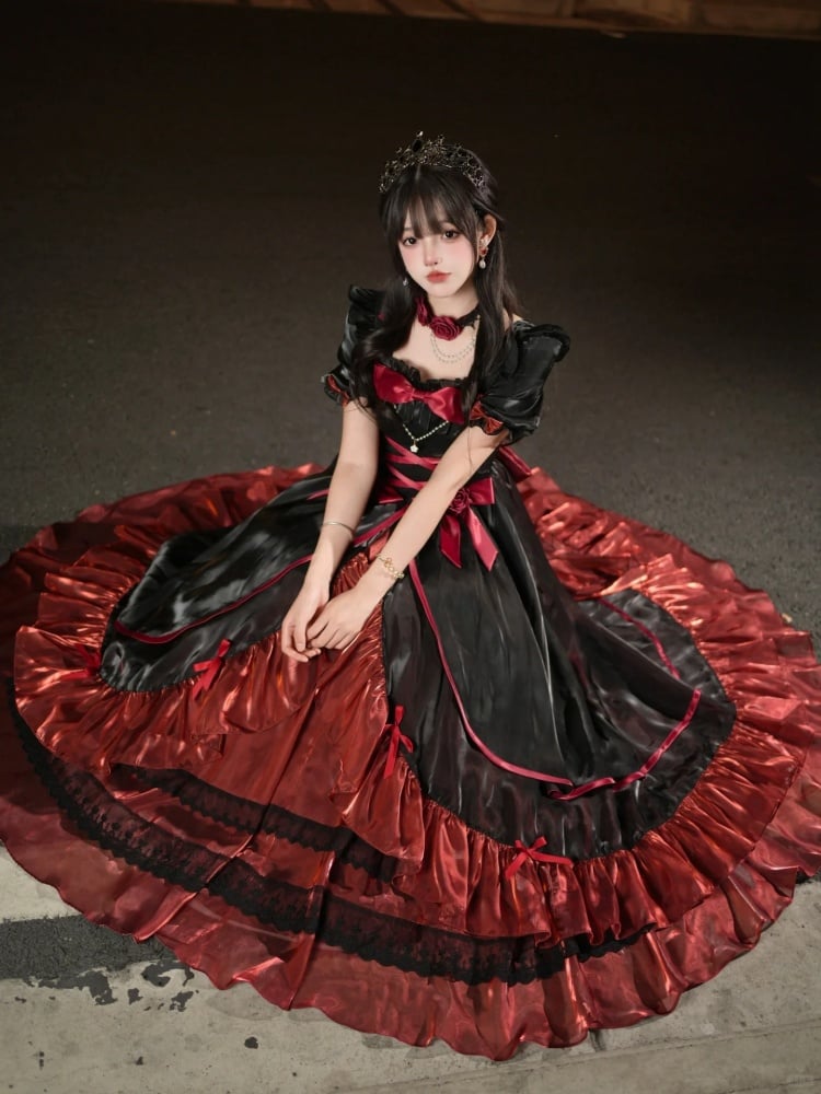 Black and Red Elegant Princess Dress Puff Sleeves Gorgeous One Piece