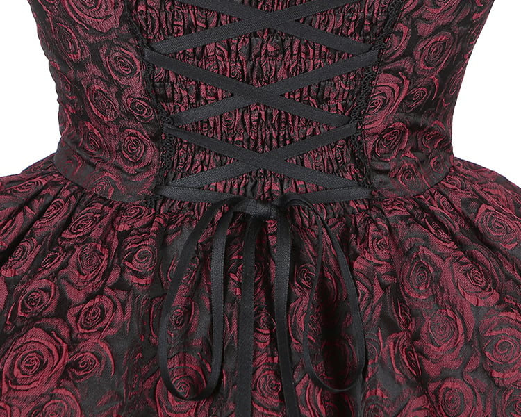 Rose Pattern Wine Red Sweetheart Neckline Gothic Jumper Skirt Lace-up Detail