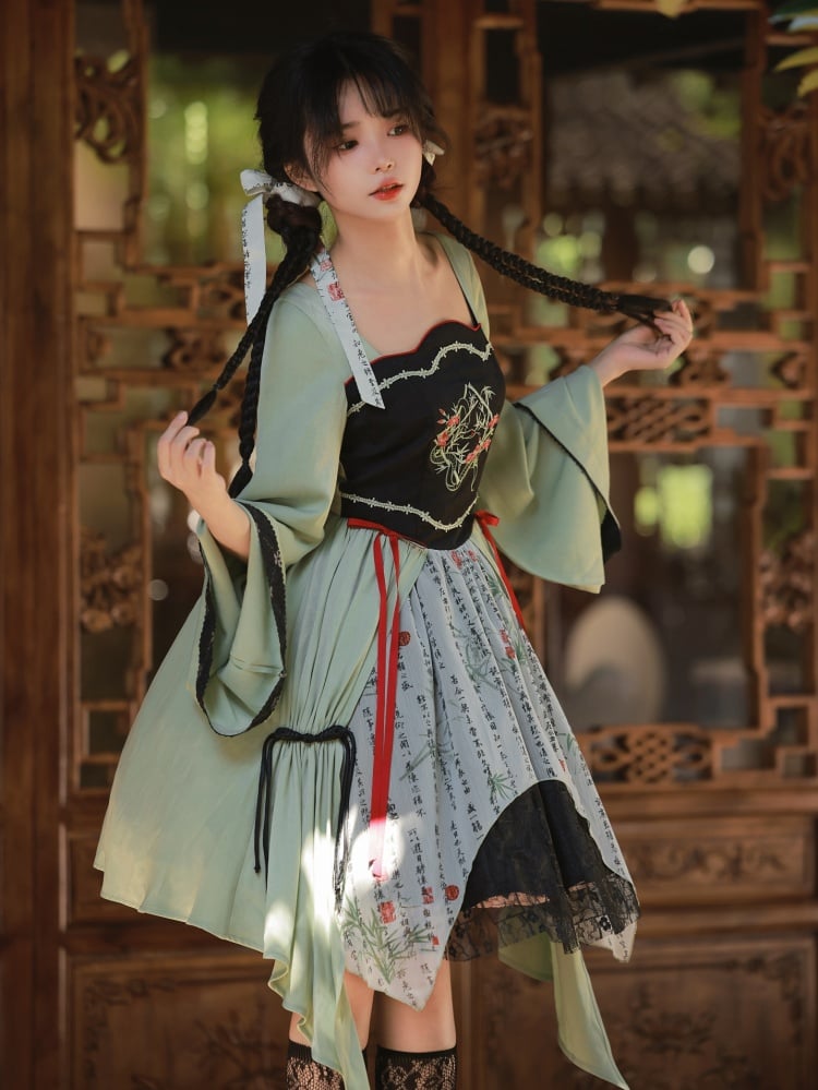 Green and Black Snake and Bamboo Embroidery Bodice Han Lolita Dress