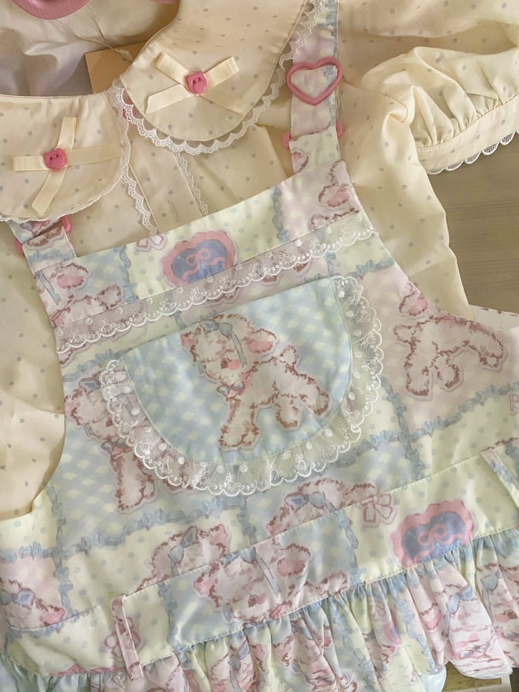 Blue Sweet Lamb Print Polka dot and Plaid Pattern Overalls