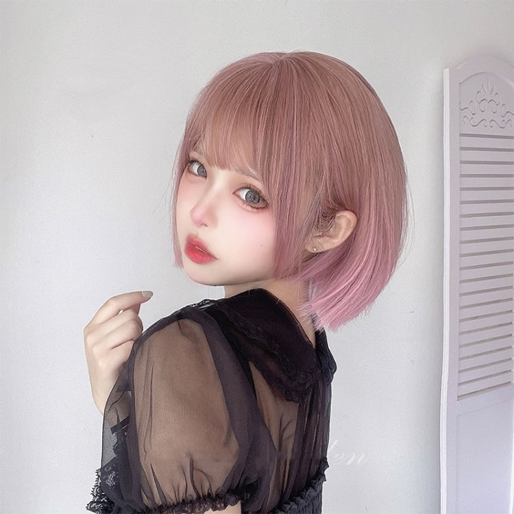 Peach Pink Straight Chin Length Synthetic Wig with Full Bangs