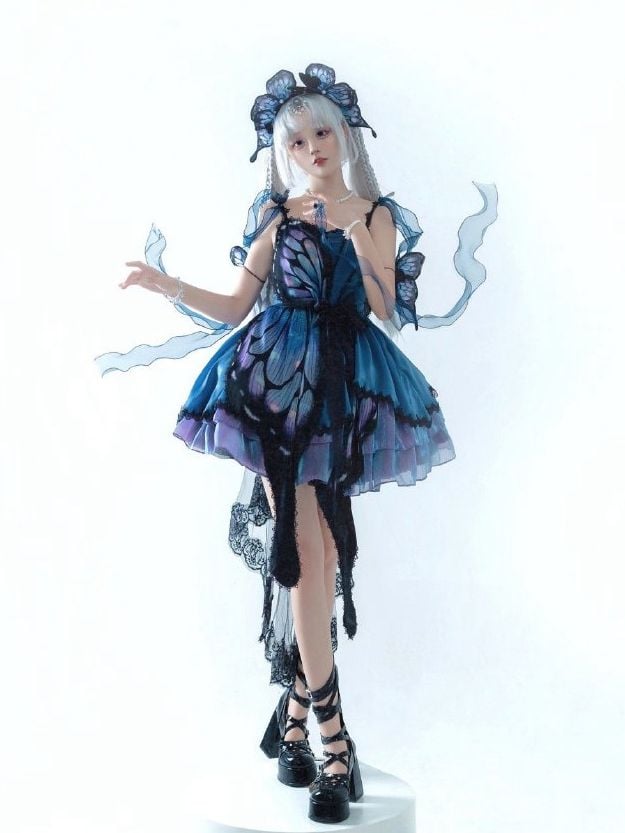 Blue-Purple Butterfly Jumper Skirt Full Set Gothic Princess Dress with Butterfly Train