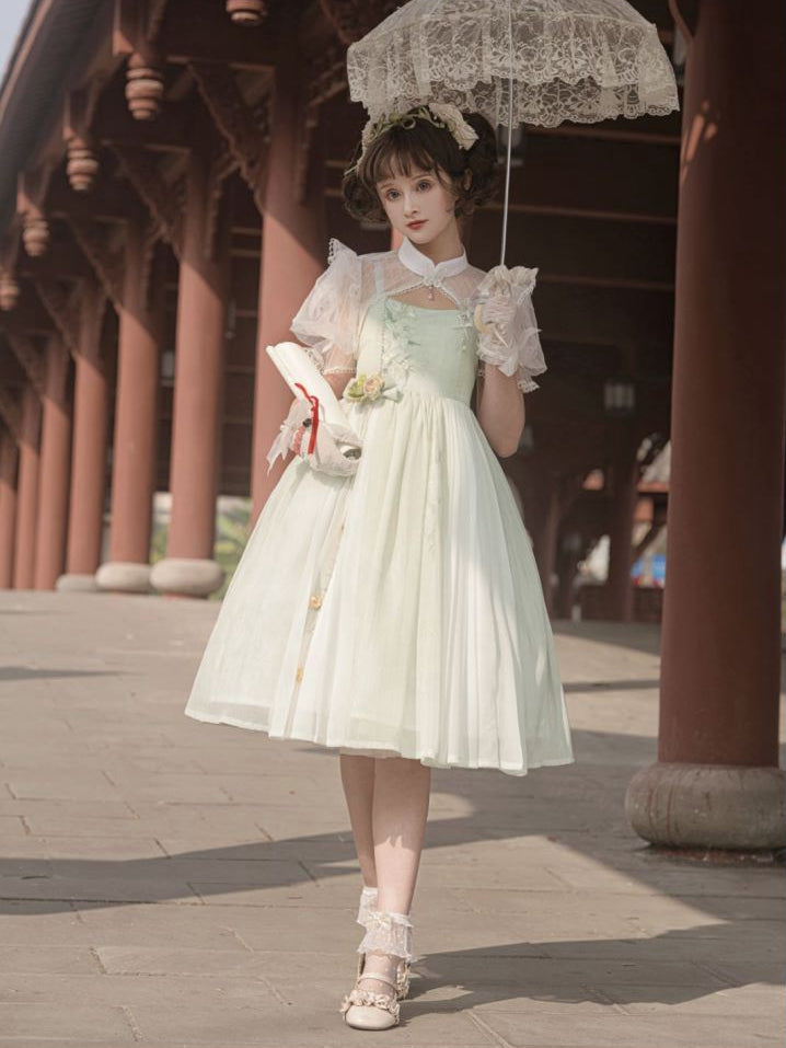 Green Floral Embroidery Dress + White Banded Collar Top